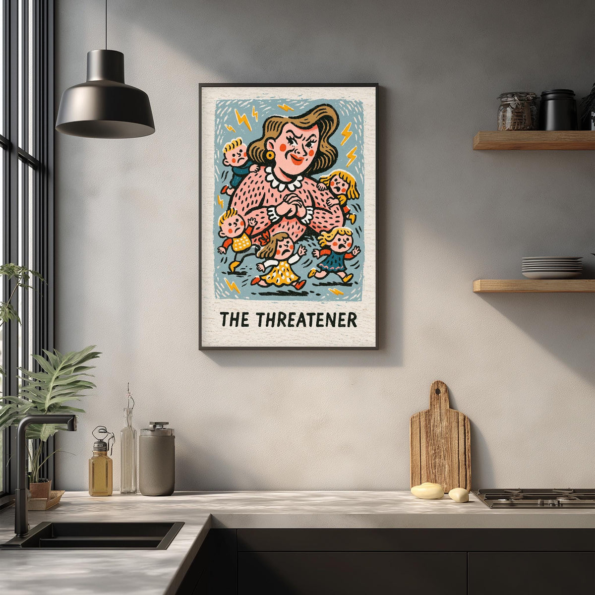 a framed illustration of a woman with a large, colorful design on her face, surrounded by various cartoon-like figures. The text "THE THREATENER" is prominently displayed below the illustration.
