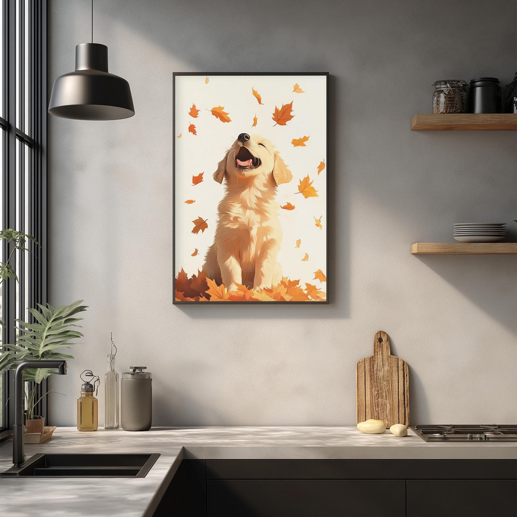 a framed painting of a golden retriever dog sitting in a field of autumn leaves, with the dog appearing to be in a joyful, excited expression.