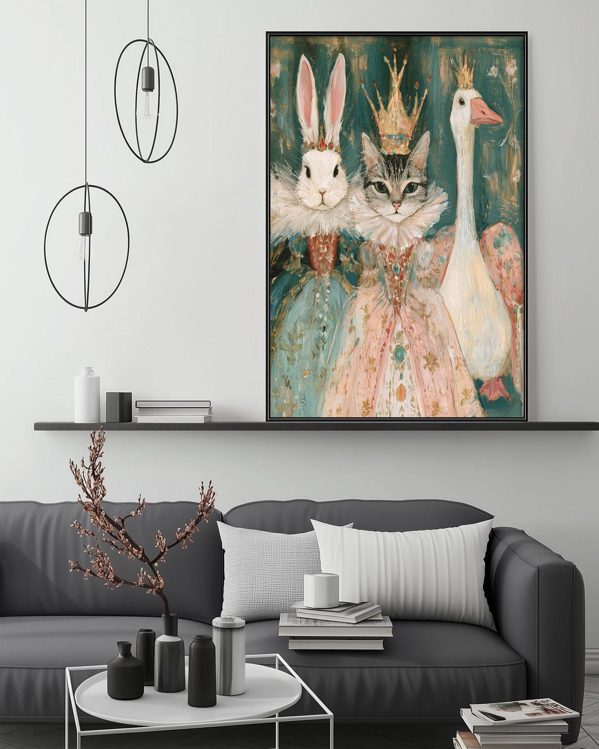a large painting of three animals - a rabbit, a cat, and a goose - dressed in elaborate costumes and crowns, set against a green background. The painting is displayed on a wall above a gray couch, which is adorned with various decorative items such as vases, a potted plant, and a stack of books. The overall setting appears to be a cozy and stylish living room.