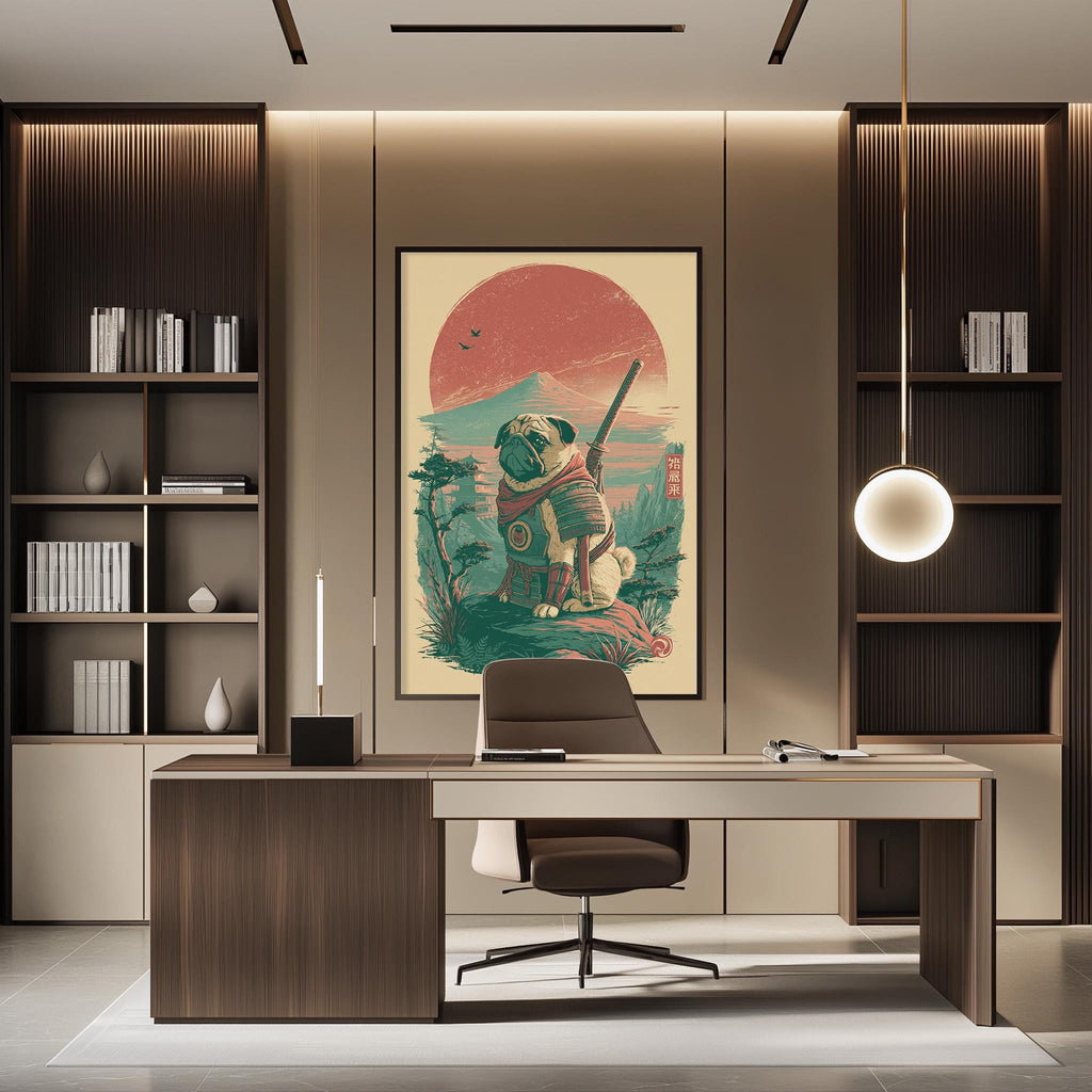 a modern office space with a large framed artwork of a pug dog on the wall, a wooden desk with a chair, and a bookshelf filled with books.