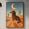 a framed illustration of a dachshund dog sitting on a desert landscape, with a cactus and a crescent moon in the background.