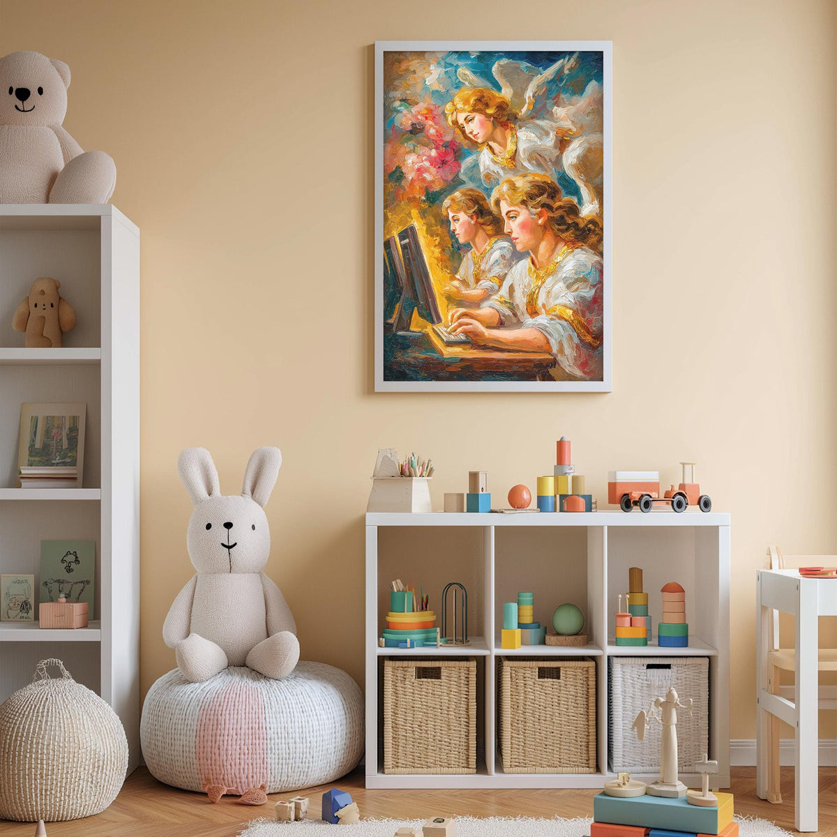 a cozy and colorful nursery room with a large painting of angels on the wall, a white bookshelf filled with toys, and a plush rabbit sitting on a bean bag chair.