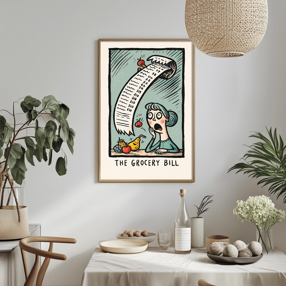 a framed illustration of a woman looking at a grocery list with a surprised expression, accompanied by a humorous caption "The Grocery Bill".