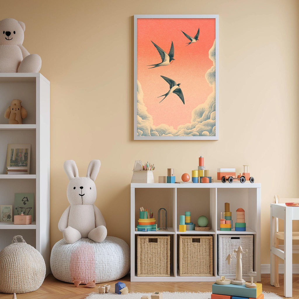 A cozy children's room with a white rabbit sitting on a bean bag chair, surrounded by toys and storage bins. A framed illustration of three birds flying in the sky is displayed on the wall above the storage bins.