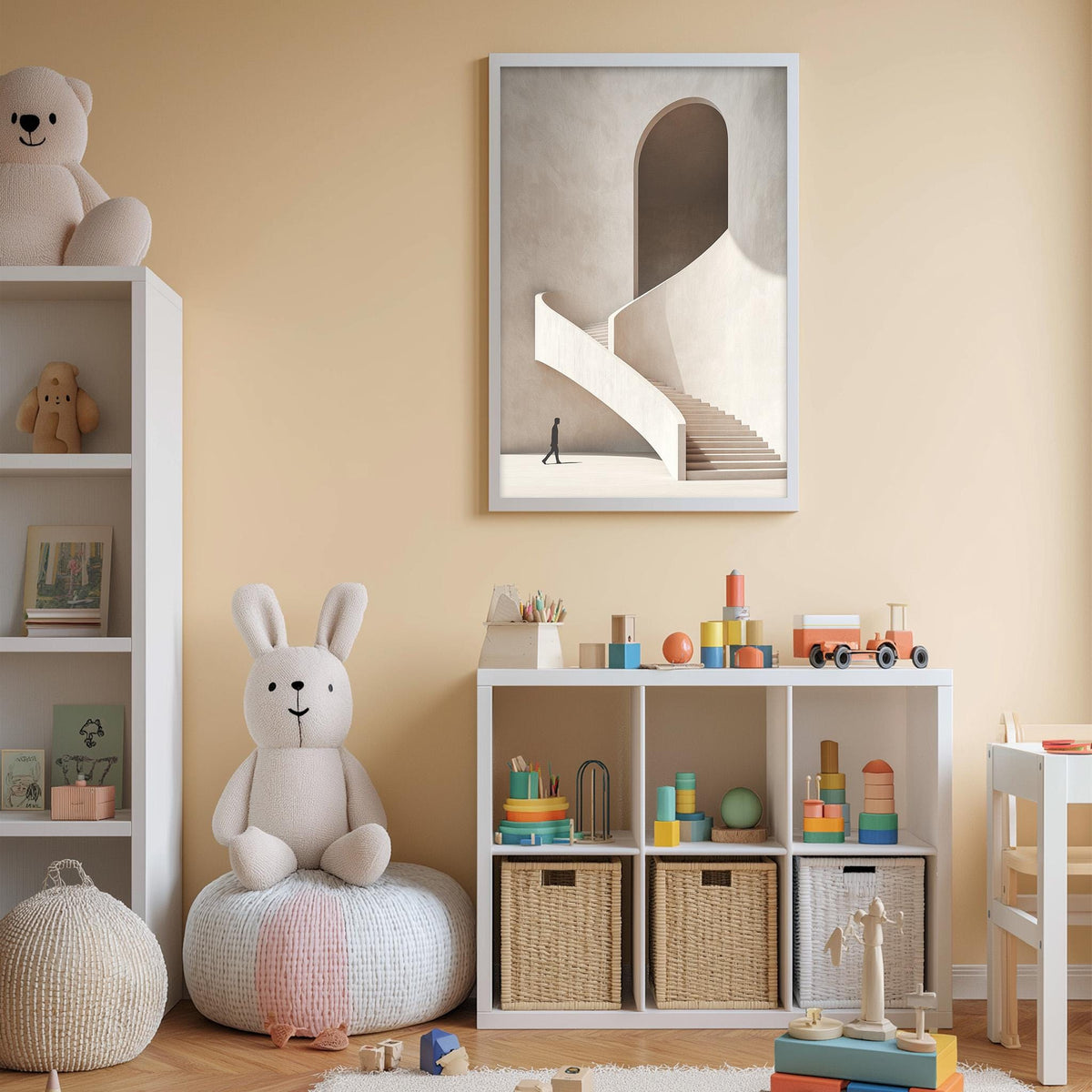 A cozy children's room with a white bookshelf, a plush rabbit, and a toy train set. The room has a warm, inviting atmosphere with a framed artwork of a staircase on the wall.