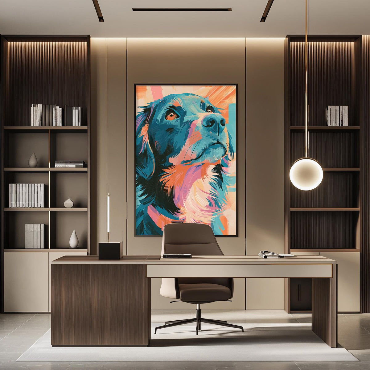 a modern office space with a large, colorful painting of a dog as the focal point. The office has a wooden desk, a comfortable chair, and a bookshelf filled with books. The overall design and decor create a professional and stylish atmosphere.