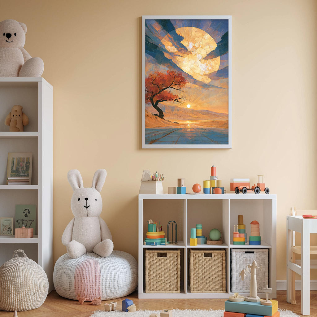 A cozy children's bedroom with a large stuffed bunny, a bookshelf, and a colorful painting of a sunset on the wall.