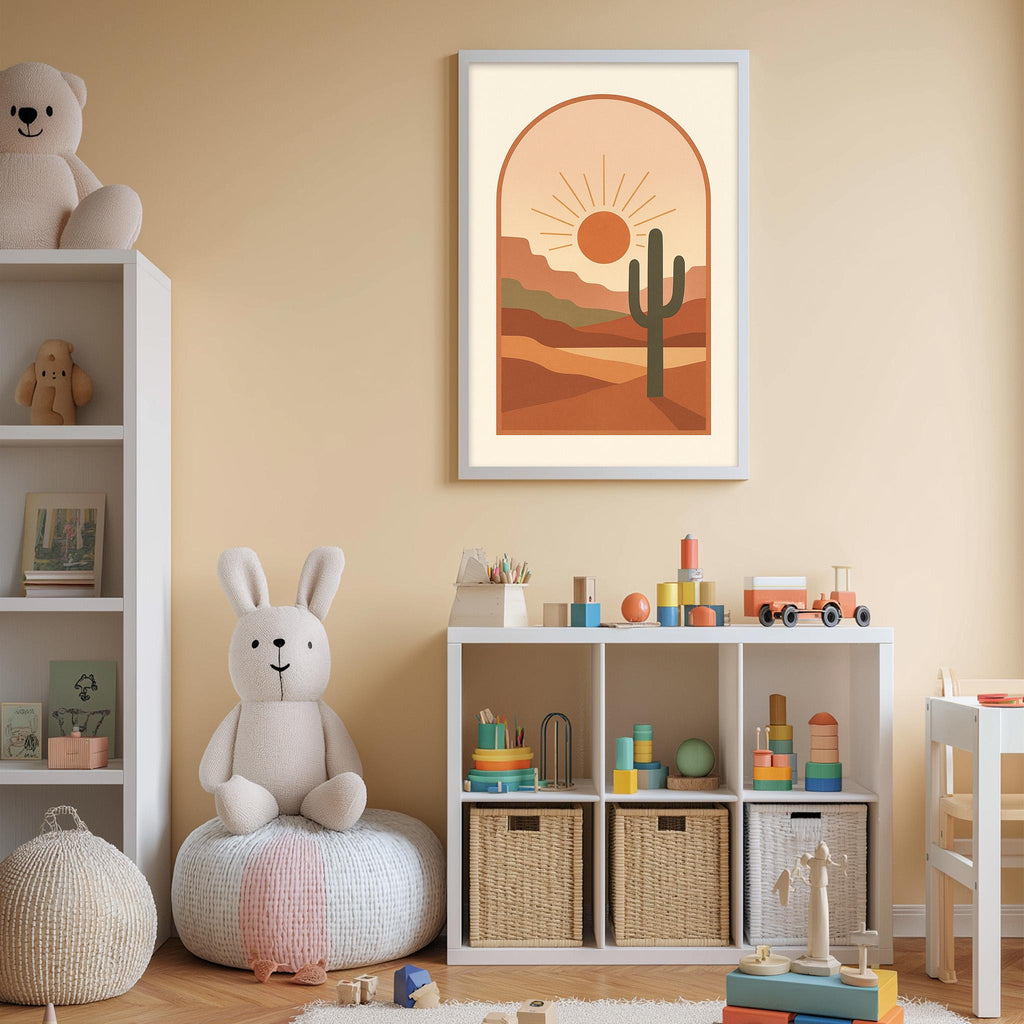 A cozy children's room with a white bookshelf, a plush rabbit, and a toy train set. The room has a warm, inviting atmosphere with a desert-themed poster on the wall.