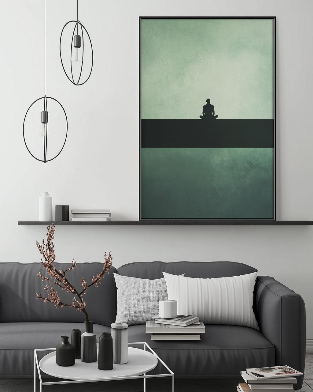 a modern living room with a gray sofa, a coffee table, and a large abstract painting hanging on the wall.