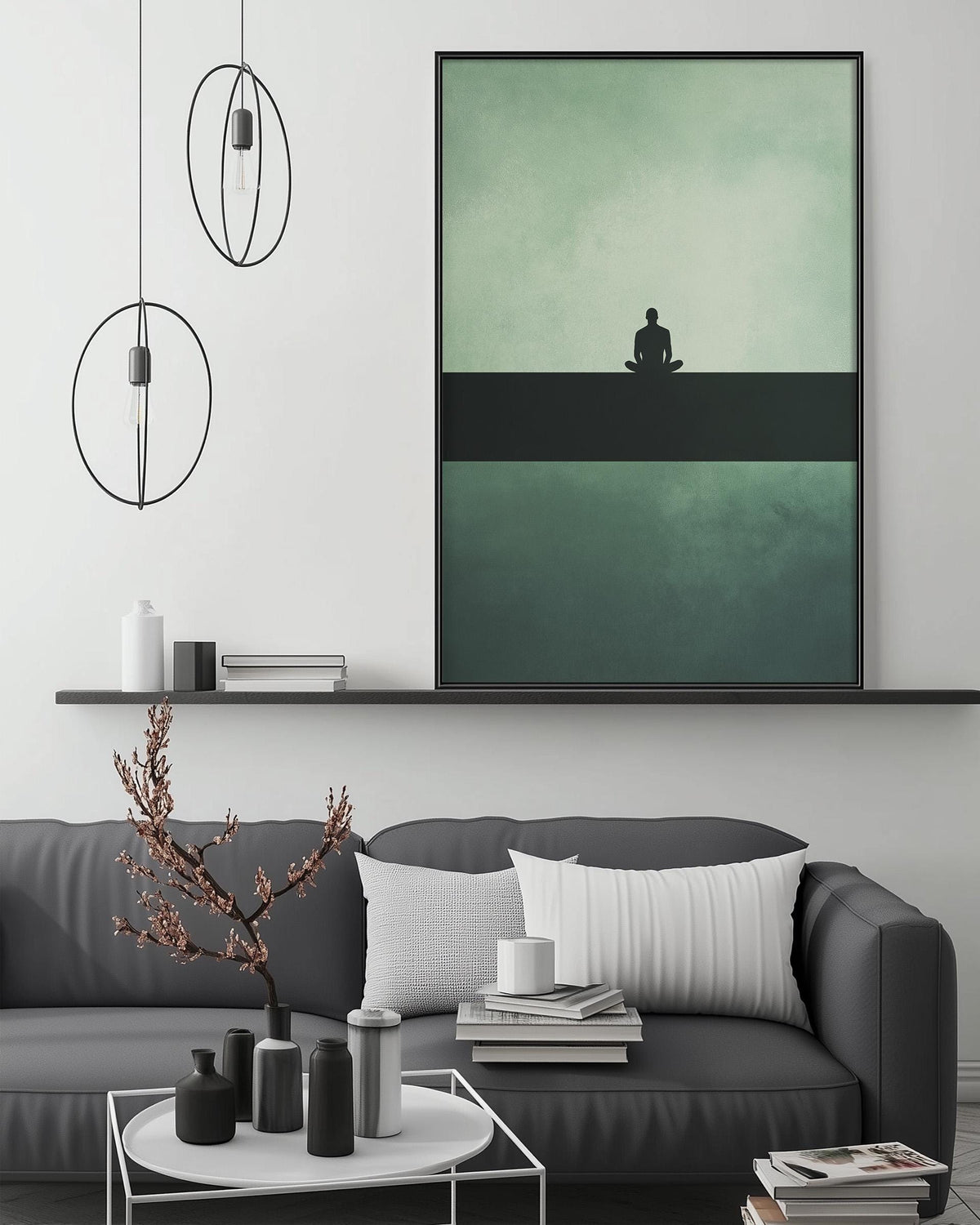 a modern living room with a gray sofa, a coffee table, and a large abstract painting hanging on the wall.