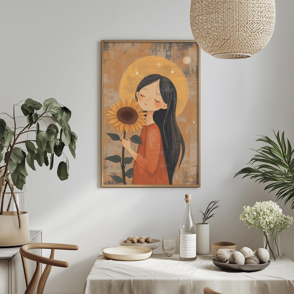 a framed illustration of a woman holding a sunflower, hanging on a wall above a dining table with various decorative items and plants.