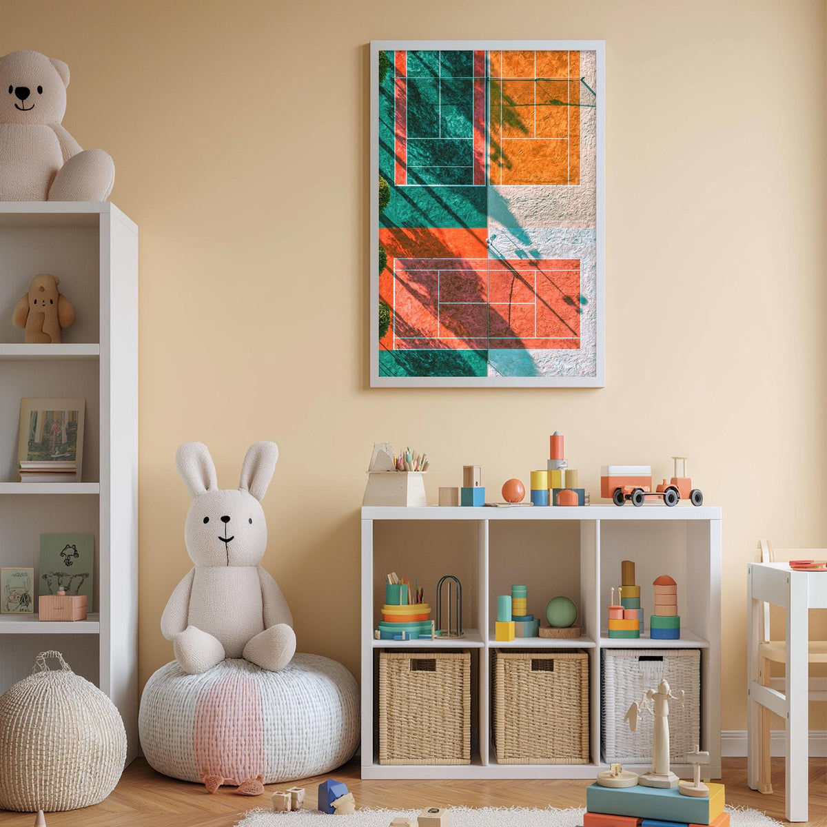 A cozy and colorful children's bedroom with a large stuffed rabbit, a tennis court painting, and various toys and storage bins.