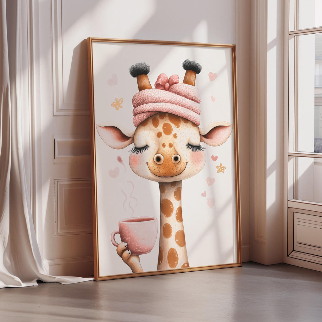 A framed illustration of a giraffe holding a pink cup, with a pink scarf on its head and hearts around its neck.