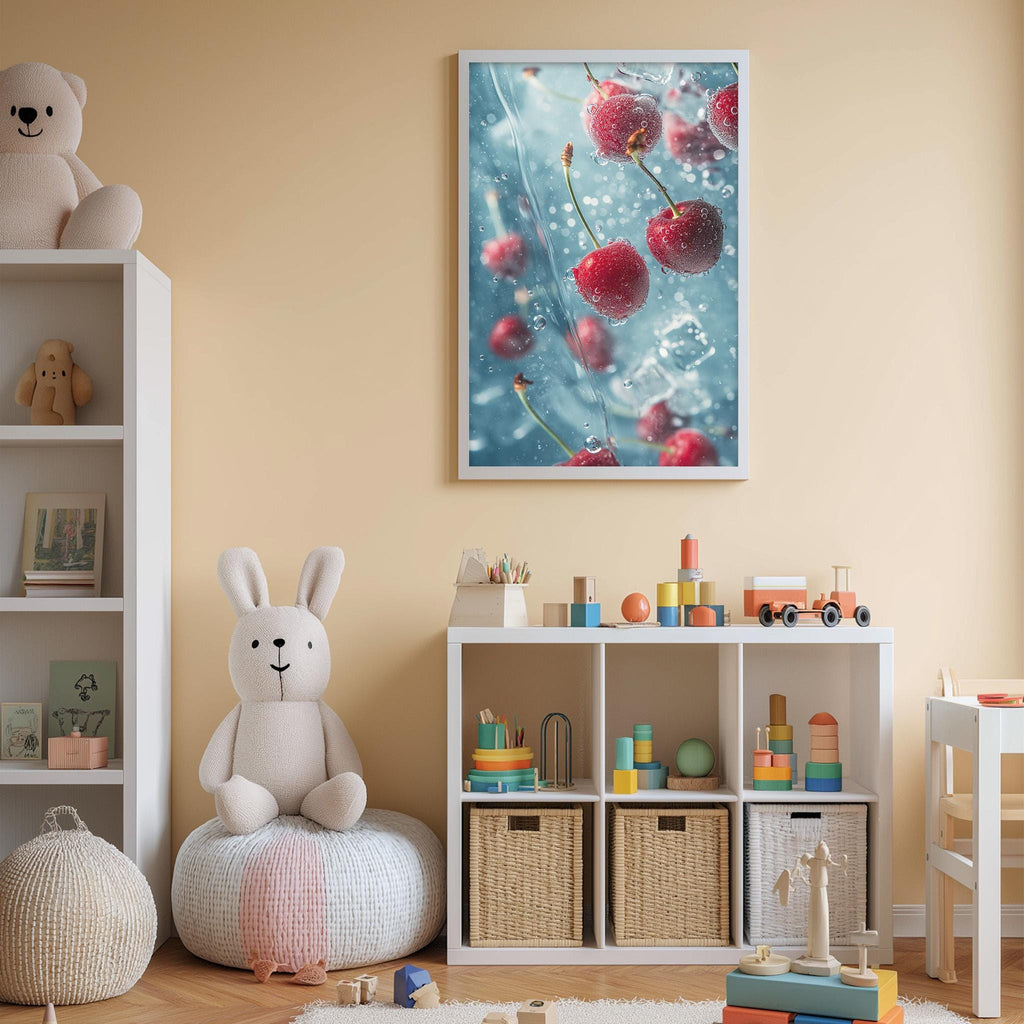 A cozy children's room with a white rabbit sitting on a bean bag chair, surrounded by toys and a bookshelf. A framed image of cherries floating in water is displayed on the wall above the bookshelf.