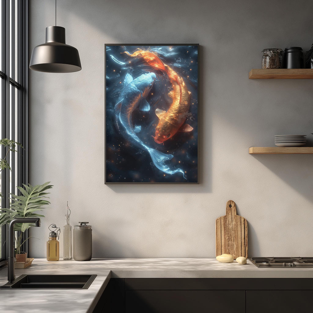a modern kitchen with a large framed painting of two koi fish swimming in a blue and orange underwater scene hanging on the wall above a wooden cutting board and other kitchen items.