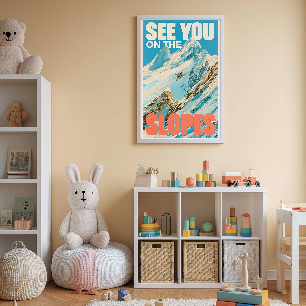 A child's bedroom with a large poster of a mountain on the wall, a stuffed rabbit, a toy train, and a storage unit filled with toys and other items.
