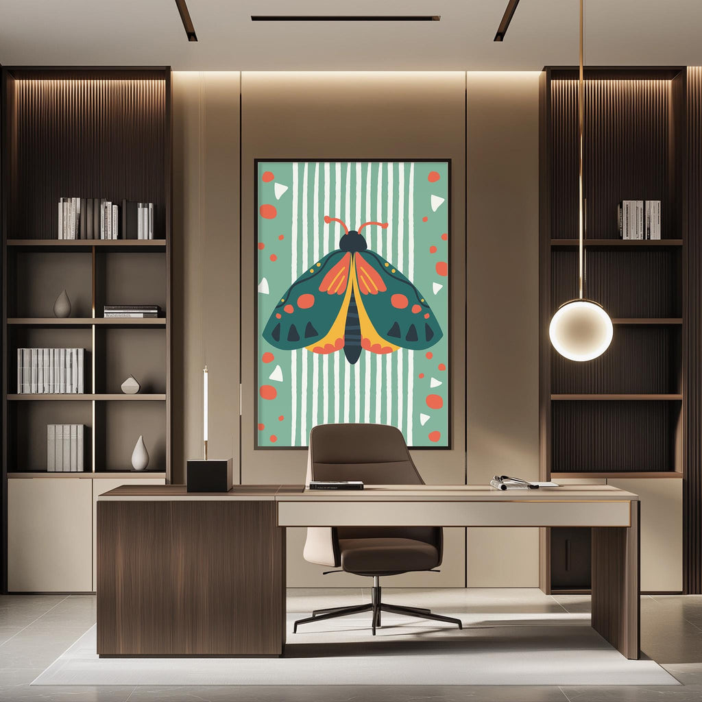 a modern and stylish office space with a large, colorful butterfly artwork on the wall. The office features a wooden desk, a comfortable chair, and a bookshelf filled with books. The overall design and decor create a visually appealing and functional workspace.