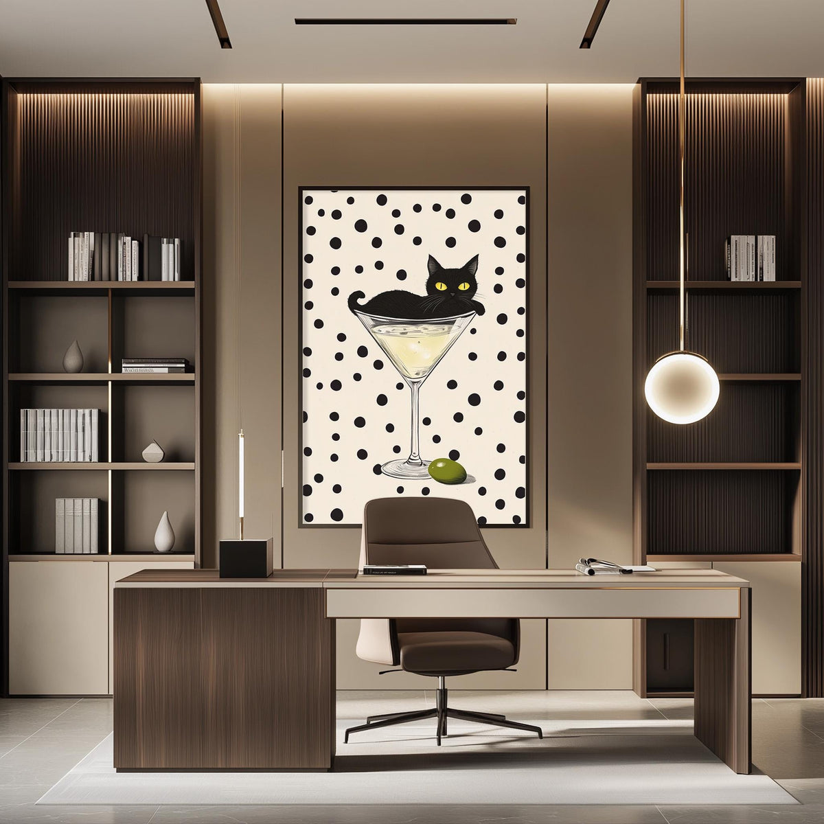 a modern office space with a desk, chair, and bookshelves. A large framed artwork featuring a cat sitting in a martini glass is hanging on the wall above the desk.