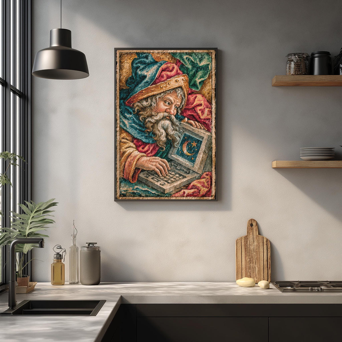 a framed painting of a bearded man holding a laptop, which is hanging on a wall above a kitchen counter.