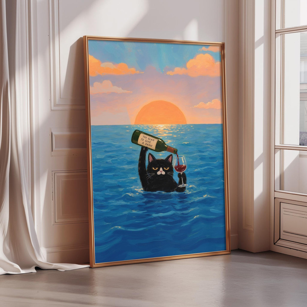 A framed painting depicting a black cat swimming in the ocean while holding a wine bottle and glass, with a sunset in the background.