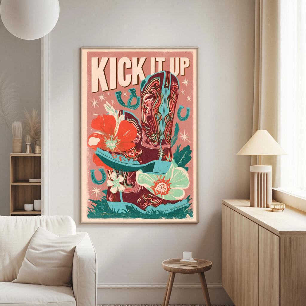 a vibrant poster with a cowboy boot, flowers, and a horse, hanging on a wall in a living room.