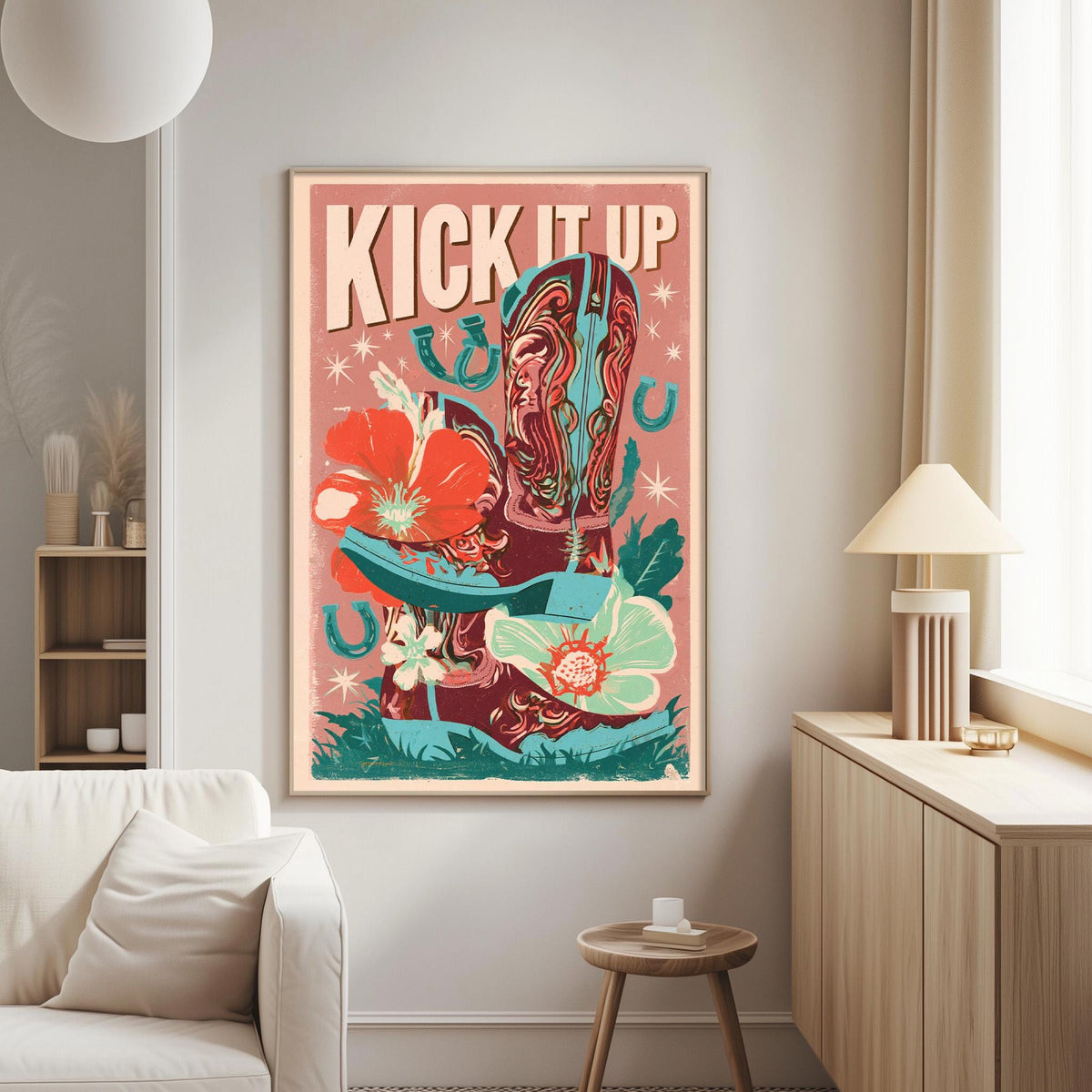 a vibrant poster with a cowboy boot, flowers, and a horse, hanging on a wall in a living room.