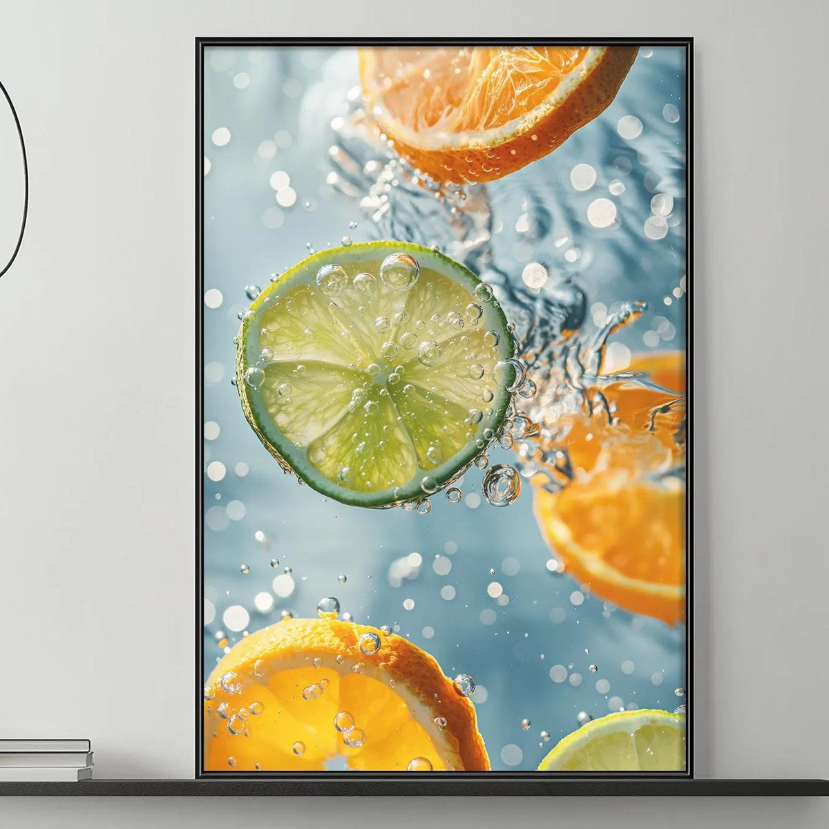 a modern living room with a gray sofa, a coffee table, and a large framed print of citrus fruits hanging on the wall.