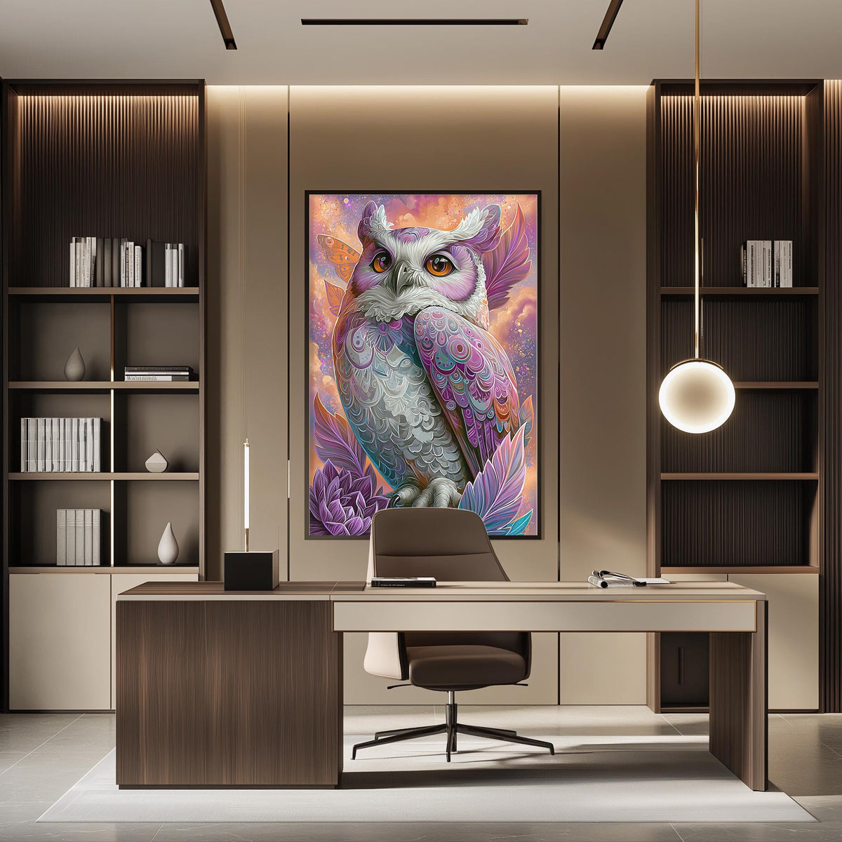 a modern office space with a large, colorful painting of an owl hanging on the wall above a desk. The desk has a chair and a lamp, creating a professional and stylish atmosphere.