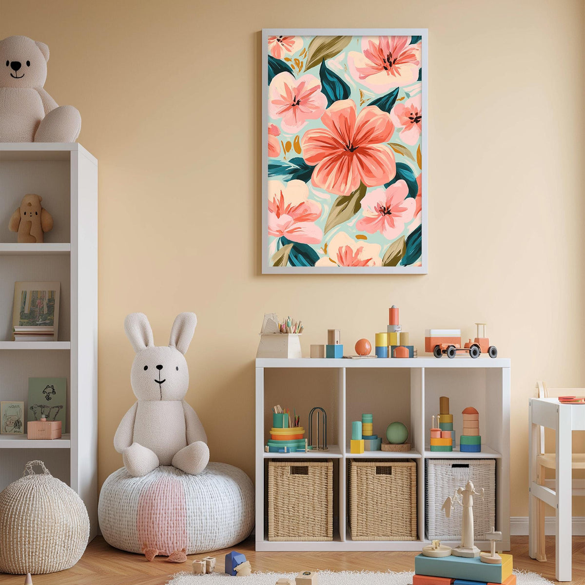A cozy and colorful children's bedroom with a large floral print on the wall, a white bookshelf filled with toys, and a plush rabbit sitting on a bean bag chair.