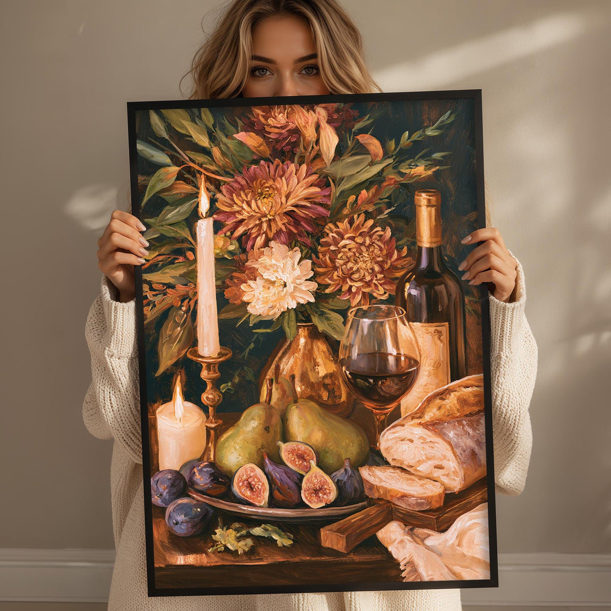 A woman holds up a framed painting depicting a still life arrangement of various fruits, flowers, and a bottle of wine.