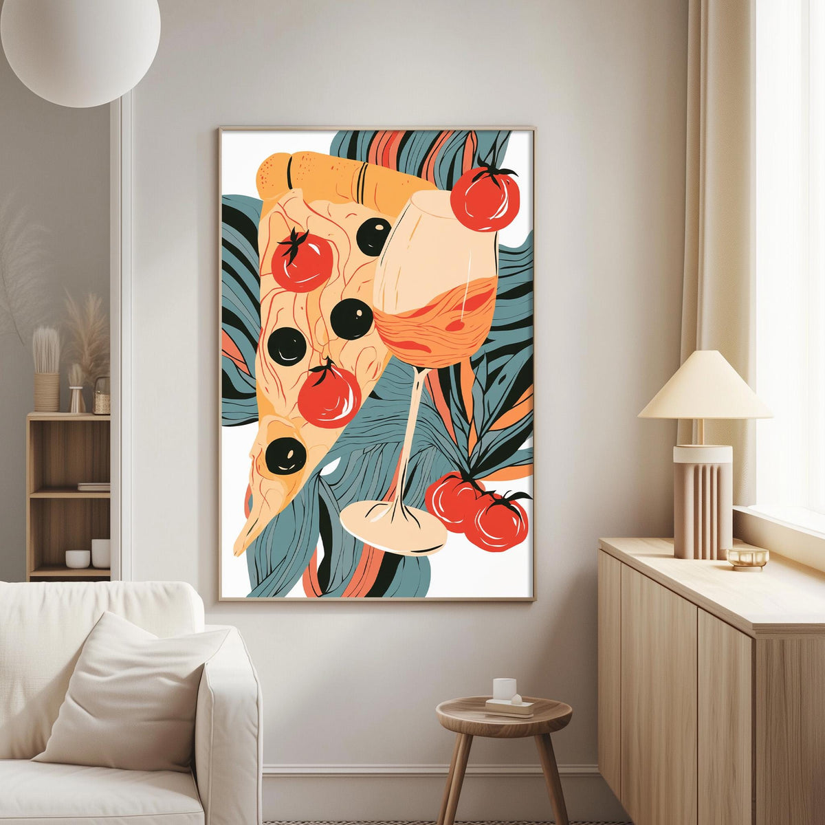 a vibrant and colorful painting of a pizza slice with tomatoes and olives, hanging on a wall in a cozy living room setting.