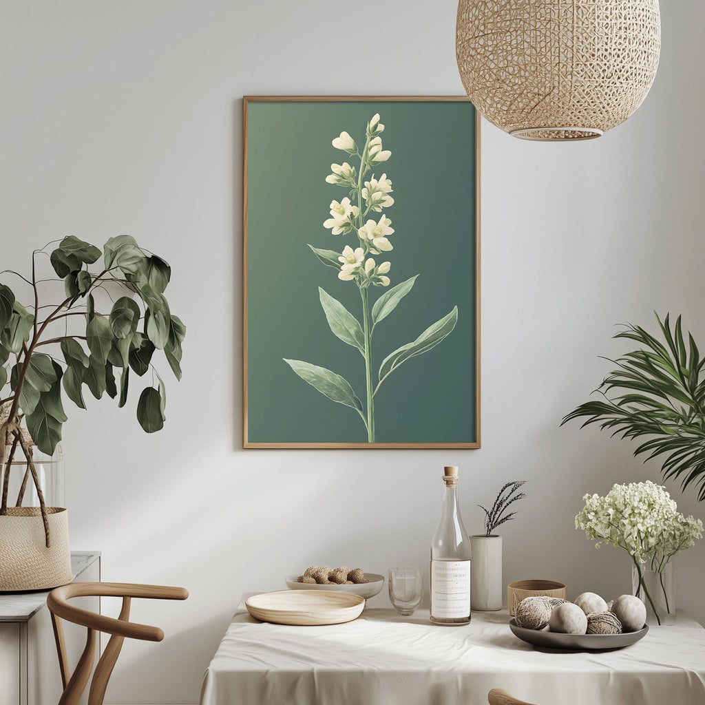 a dining table set with a white tablecloth, a bowl of fruit, a bottle, and a vase with flowers. A framed picture of a plant is hanging on the wall above the table.