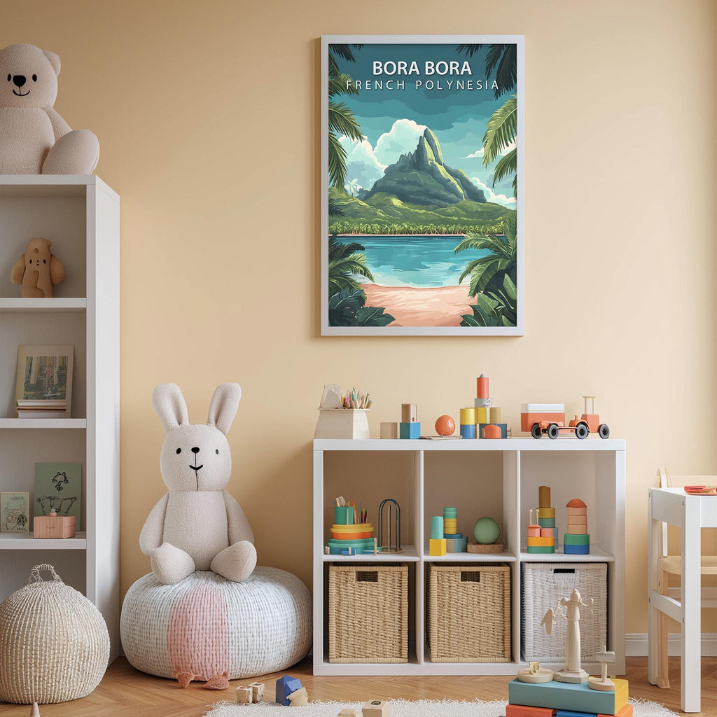 A child's bedroom with a large poster of Bora Bora, a teddy bear, a toy shelf with toys, and a small table with a chair.