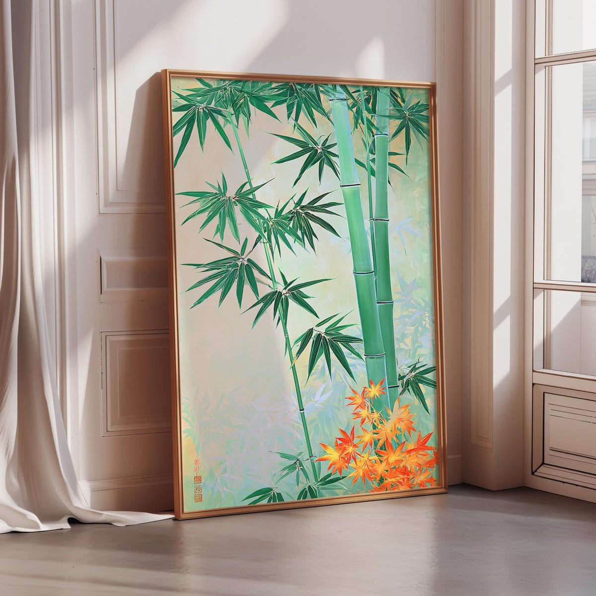 A framed painting depicting a lush bamboo forest with vibrant green leaves and orange flowers is displayed on a wall in a bright, sunlit room.