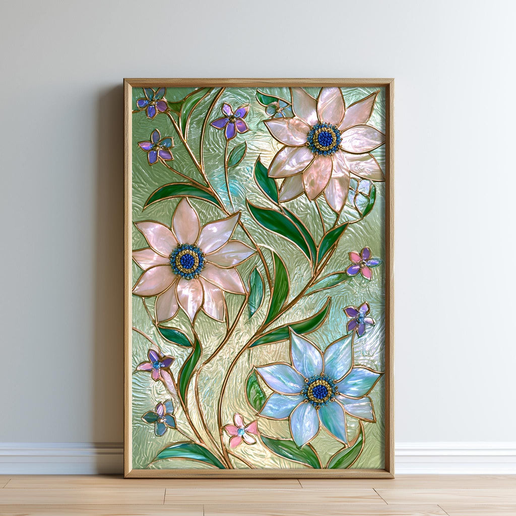 a framed stained glass artwork depicting a floral design with pink and blue flowers, green leaves, and a gold border.