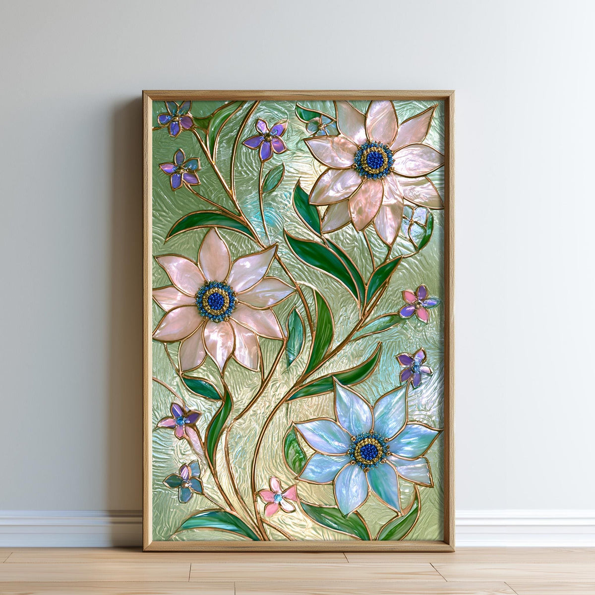 a framed stained glass artwork depicting a floral design with pink and blue flowers, green leaves, and a gold border.