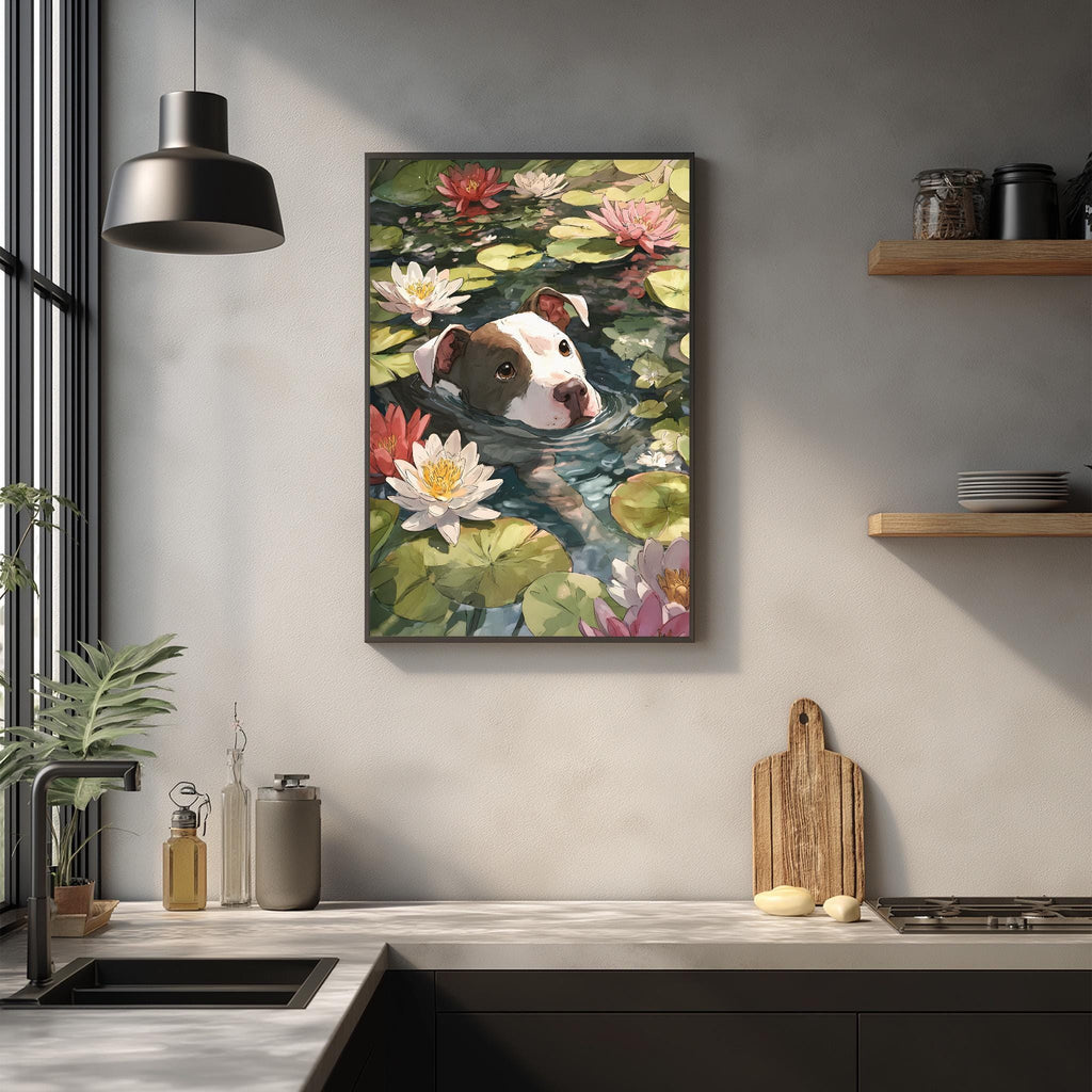 a framed painting of a dog swimming in a pond filled with lily pads and water lilies, hanging on a wall above a kitchen counter.