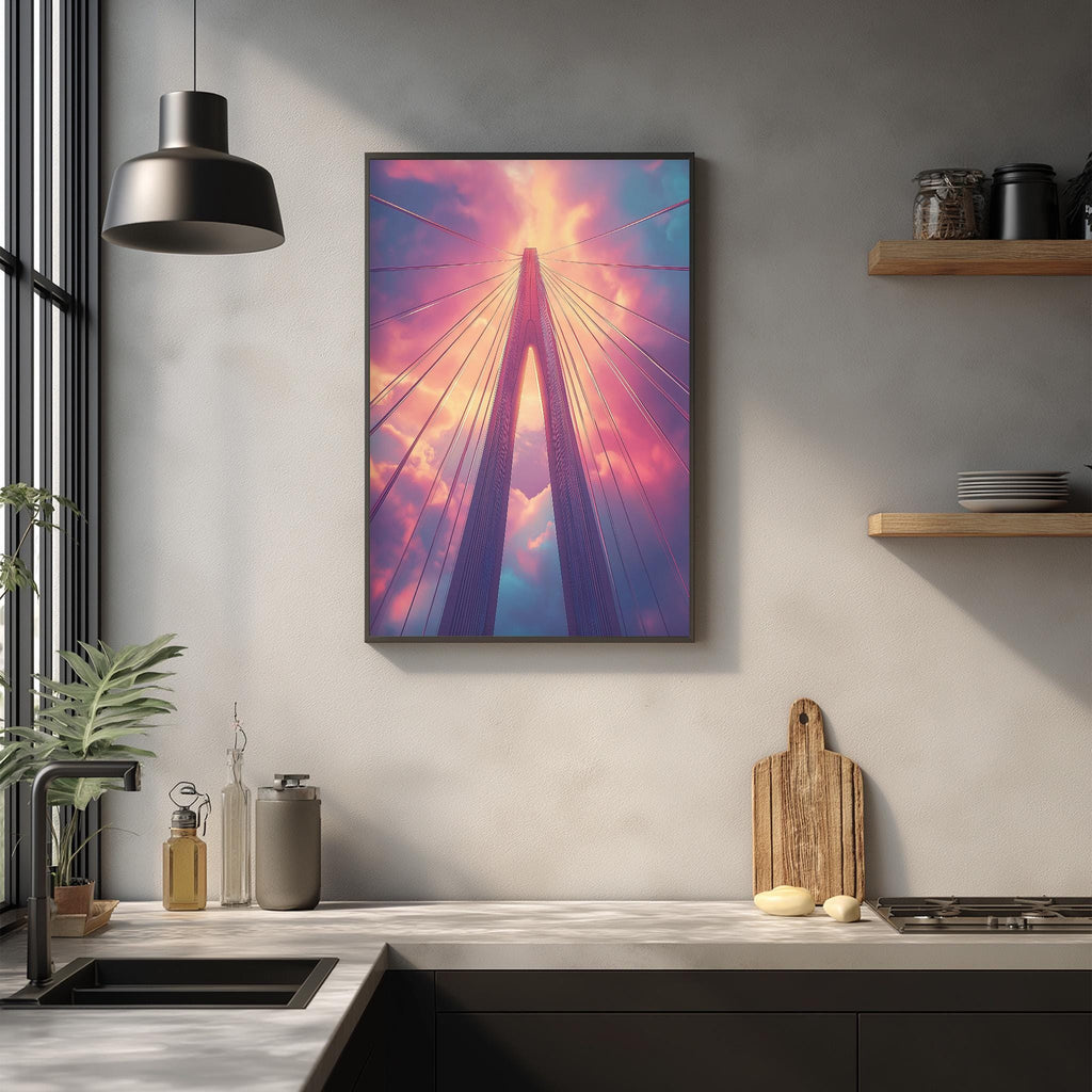 a kitchen counter with various kitchen items, including a cutting board, a bottle, and a vase. Above the counter, there is a framed picture of a bridge with a colorful sky in the background.