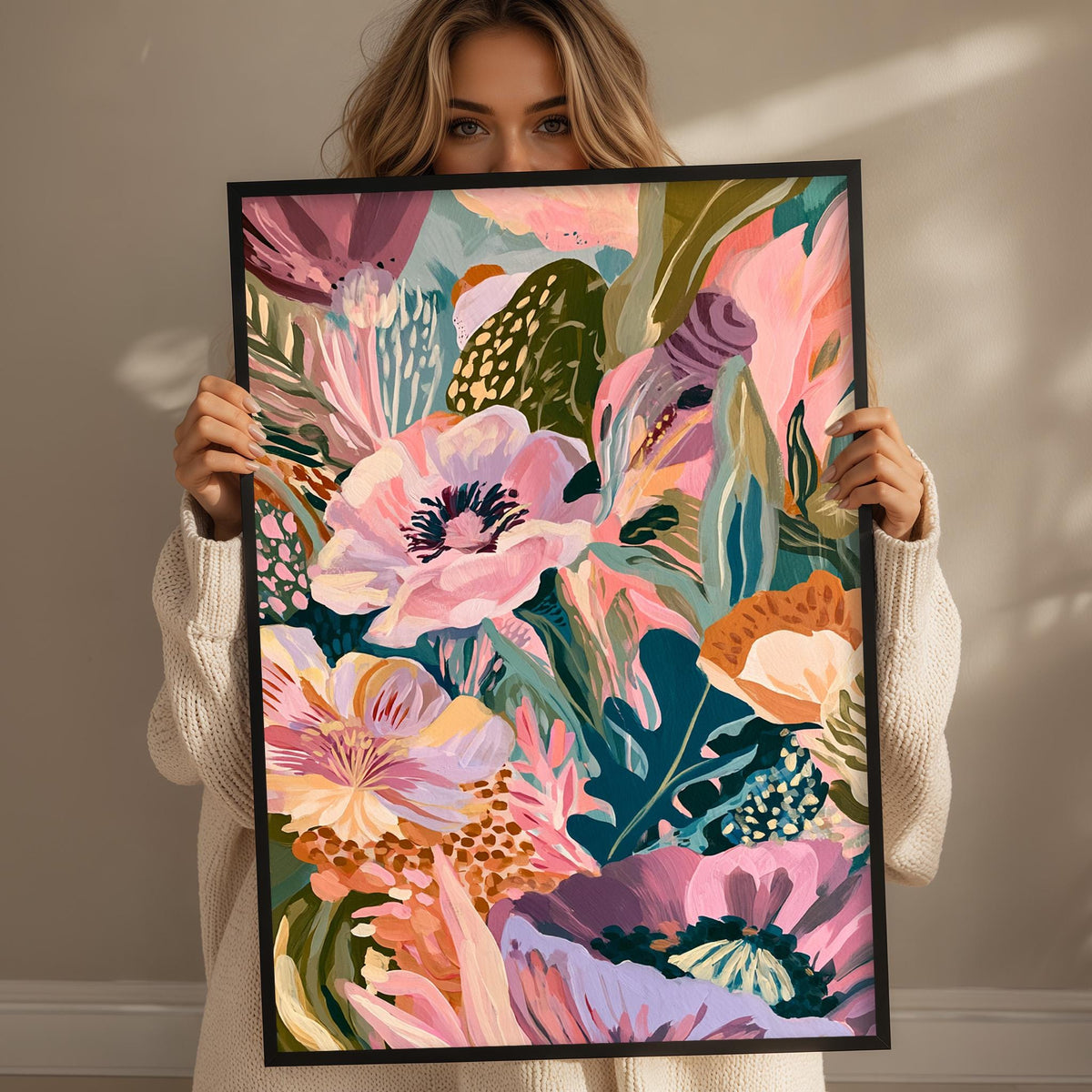 A woman holds up a framed print of a vibrant, colorful floral design.