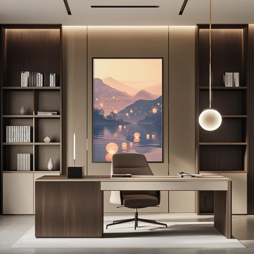 a modern and well-lit office space with a large framed landscape painting hanging on the wall, depicting a serene mountain scene with a lake and glowing lanterns. The office features a wooden desk with a chair, and a bookshelf filled with books and decorative items. The overall design and lighting create a calm and inviting atmosphere.