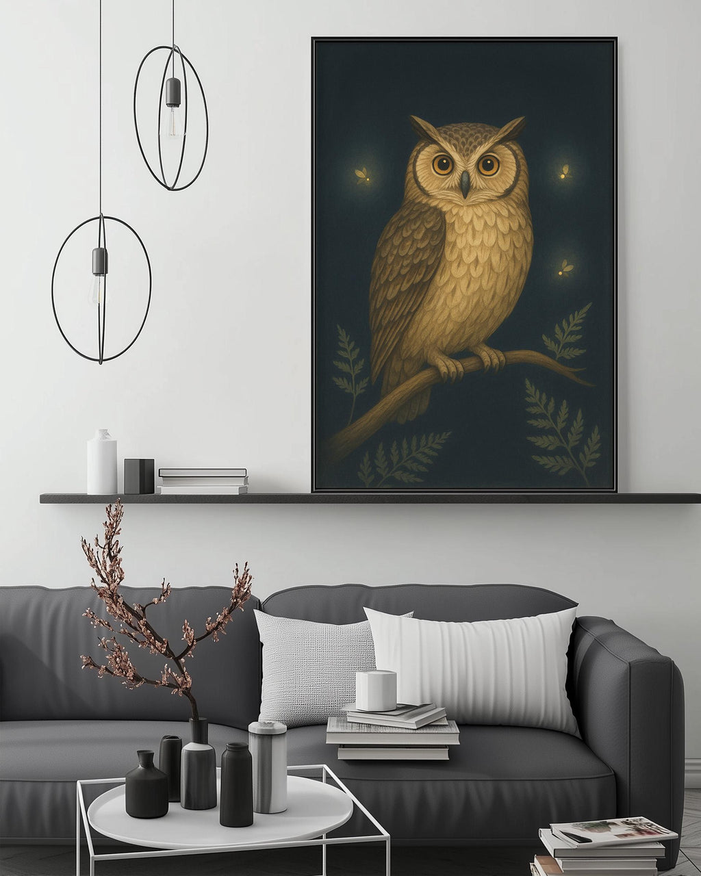 a large painting of an owl perched on a branch, with a dark background and illuminated by lights, hanging on a wall above a gray couch with white pillows.