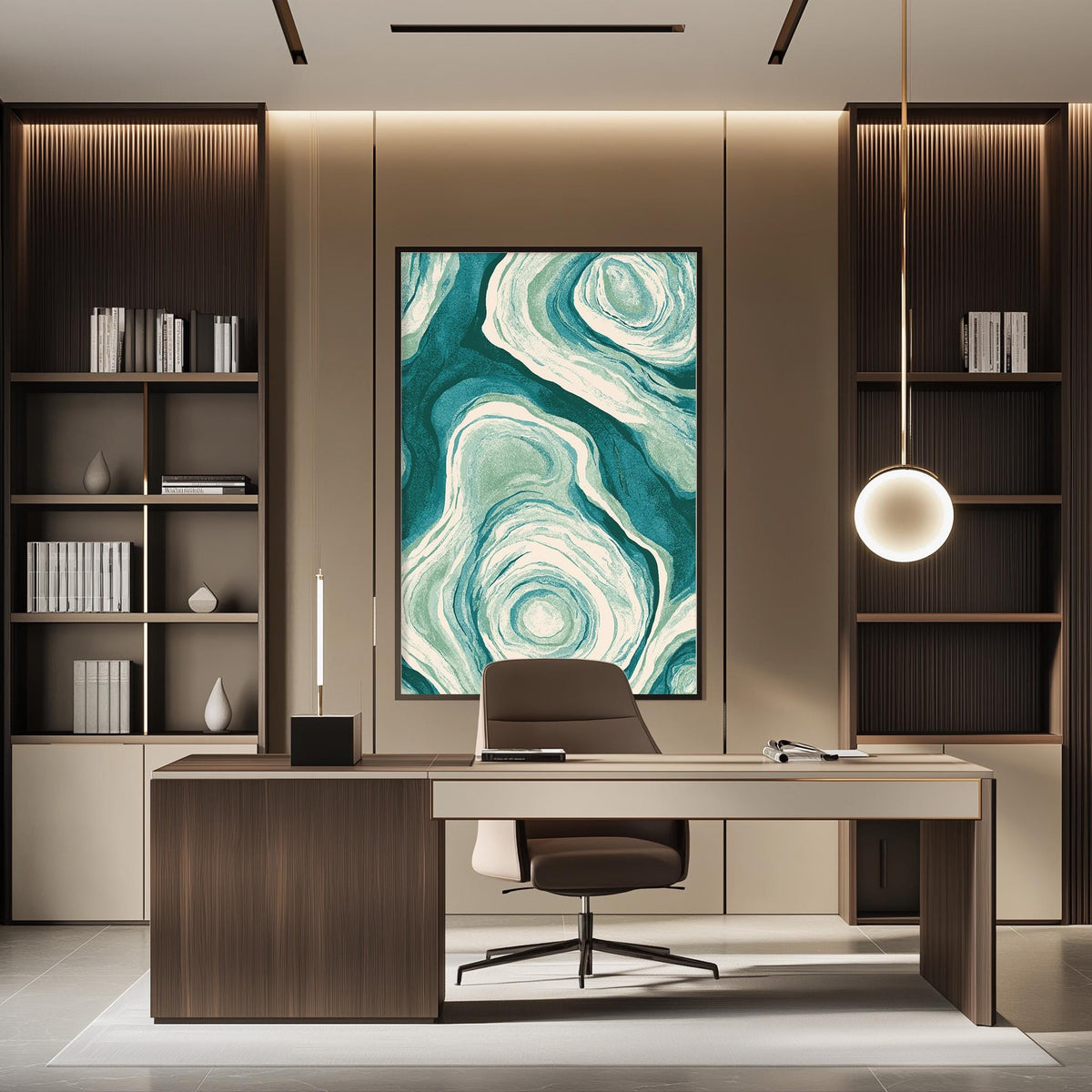 a modern and stylish home office with a large abstract painting on the wall, a wooden desk with a chair, and built-in bookshelves.