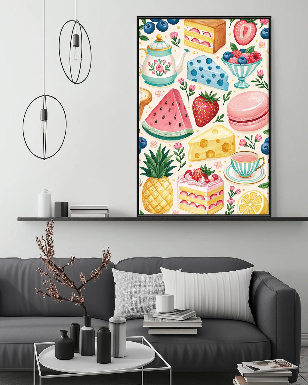 a cozy living room with a gray sofa, a coffee table, and a large framed poster of colorful desserts hanging on the wall above the sofa.