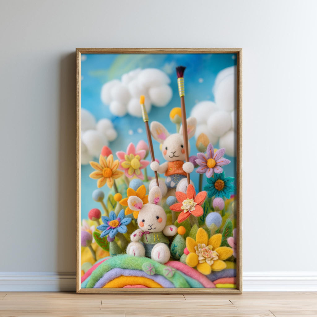 A framed illustration depicting a whimsical scene with two plush rabbits surrounded by a vibrant array of colorful flowers and plants.