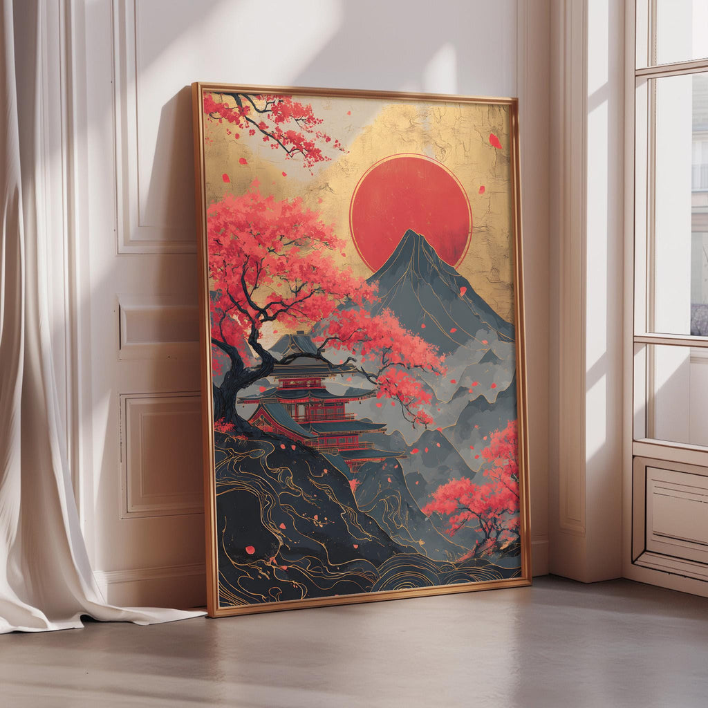 A framed painting depicting a serene Japanese landscape with a temple nestled among cherry blossom trees and a red sun in the sky.