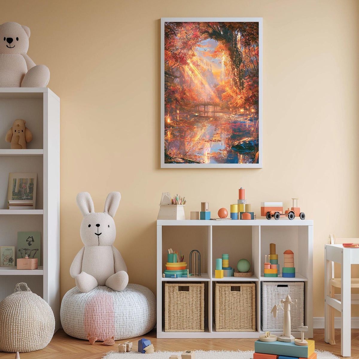 A cozy children's room with a large stuffed bunny, a bookshelf, and a toy chest filled with toys. The walls are painted a light peach color, and a framed picture of a forest scene hangs above the bookshelf.