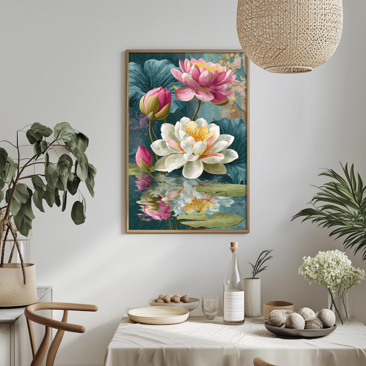 a dining table with a white tablecloth, a vase of white flowers, a bottle of wine, and a bowl of fruit. Above the table, there is a framed painting of a lotus flower and water lilies.