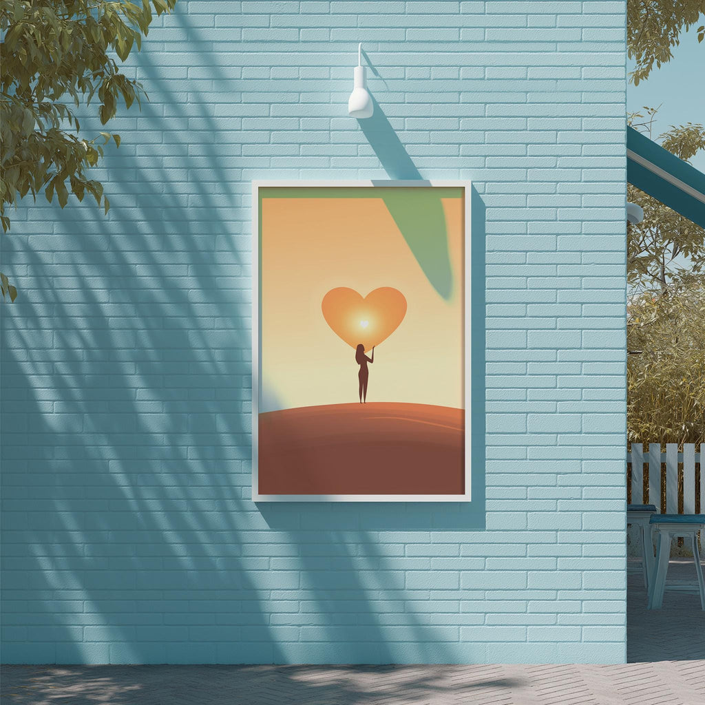 a person holding a heart-shaped object, which is displayed on a blue brick wall.