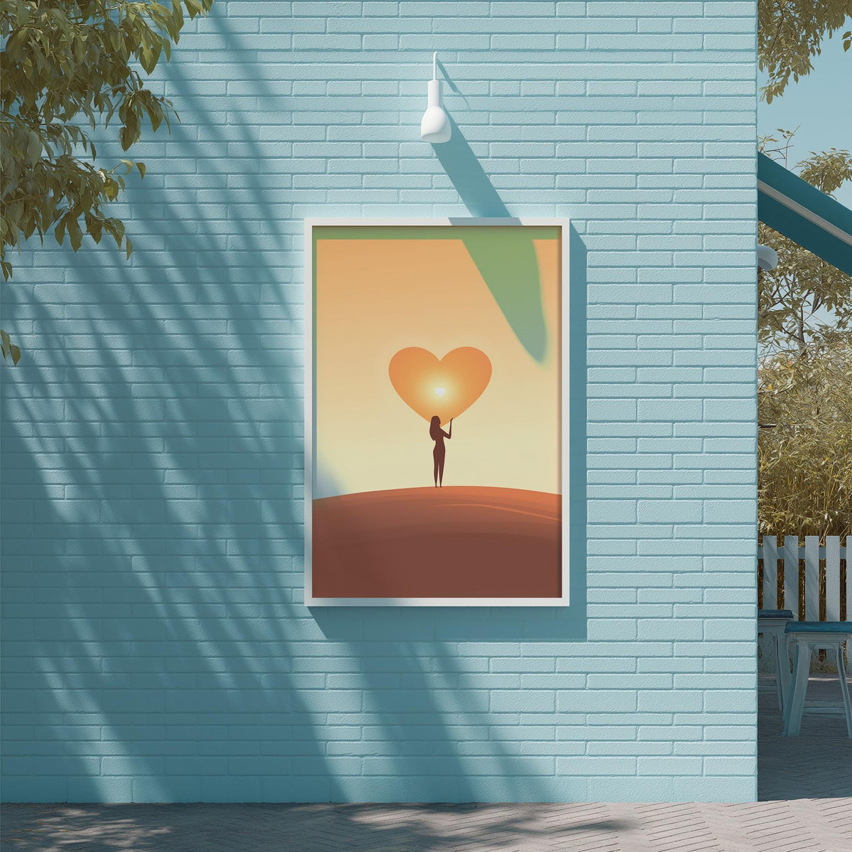 a person holding a heart-shaped object, which is displayed on a blue brick wall.