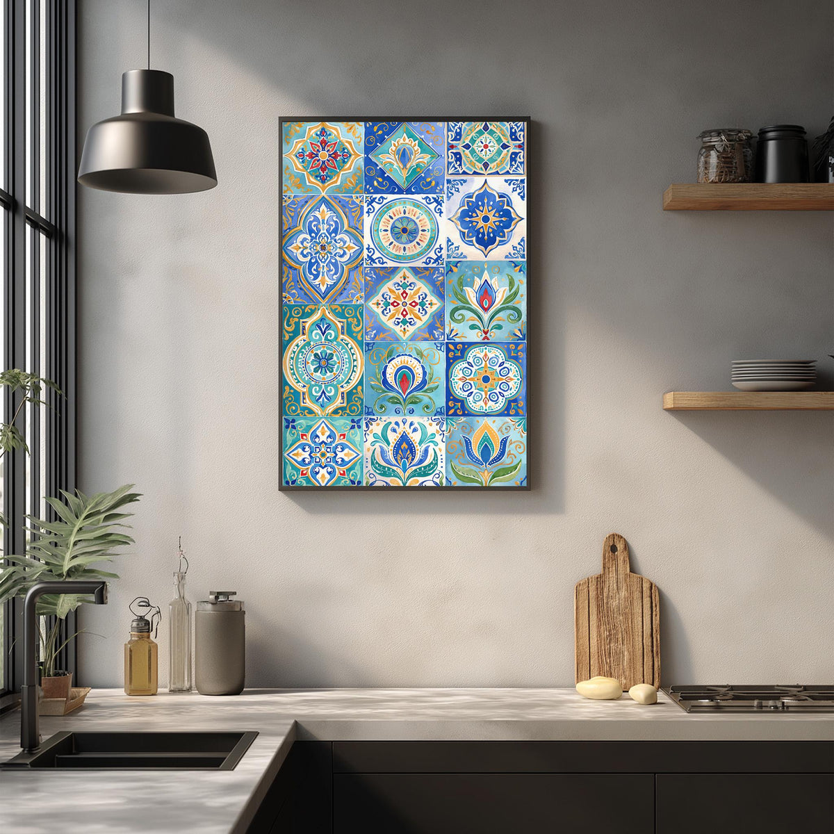 a kitchen with a large, colorful tile artwork hanging on the wall above a countertop. The artwork displays a variety of intricate and vibrant tile patterns, creating a visually striking focal point in the space.